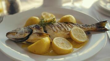 Delicious Grilled Seabass with Lemon, a Mediterranean Culinary Delight, Perfect for Healthy Eating and Seafood Lovers Discover this Simple Yet Exquisite Recipe for a Flavorful Dinner Fresh photo