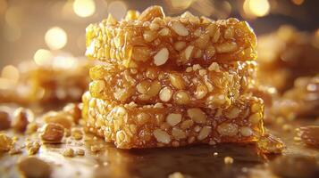 Delicious Homemade Peanut Brittle A Close-Up View of Sweet and Crunchy Confectionery Treats, Perfect for Holiday Gifts and Festive Gatherings, Showcasing Golden-Brown Colors, and Irresistible Texture photo