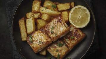 Delicious Pan-Fried Cod Fillets with Crispy Chips and a Fresh Lemon Wedge A Mouthwatering Close-Up View Showcasing the Golden-Brown Perfection of the Fish, Perfectly Cooked Chips, and Vibrant Colors photo
