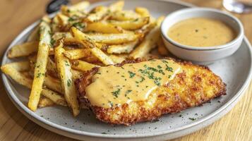 Delicious Schnitzel with Fries and Sauce A Mouthwatering Culinary Delight Featuring Crispy Breaded Schnitzel, Golden French Fries, and a Creamy, Flavorful Sauce, Perfect for a Satisfying Meal Indulge photo