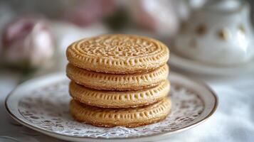 Delicious Stack of Round Cookies A Close-Up Shot Showcasing the Intricate Patterns and Golden-Brown Texture of Homemade Biscuits, Perfect for Tea Time, with Soft Lighting and a Blurred Background photo