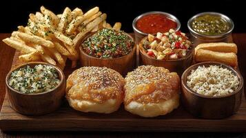 Delight in a tempting culinary composition, showcasing an array of savory delights, arranged artfully on a rustic wooden board, capturing the essence of gastronomic indulgence and inviting viewers to photo