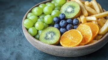Discover a delightful fusion of flavors and textures with this captivating image showcasing a vibrant bowl filled with an unexpected combination of fresh green grapes, slices of juicy kiwi, plump photo