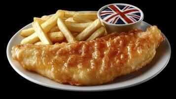 Discover a quintessential British culinary experience with this image showcasing golden, crispy fish and chips Indulge in the perfectly fried cod, accompanied by thick-cut, fluffy chips, a classic photo