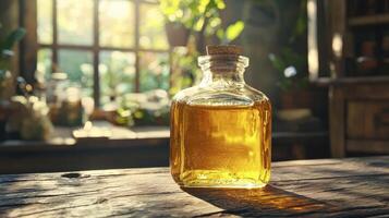 Discover the captivating essence of artisanal oils, captured in a sun-drenched still life This image celebrates the beauty of natural ingredients, the warmth of golden light, and the rustic charm of photo