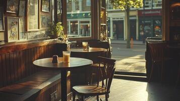Discover the cozy ambiance of a traditional pub, bathed in warm sunlight filtering through the window, casting gentle shadows on wooden tables and chairs, inviting you to unwind and savor the charm photo