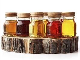 Discover the liquid gold of autumn A vibrant assortment of maple syrup bottles, showcasing the rich amber hues and delightful sweetness that define this iconic treat From light golden syrups to dark photo