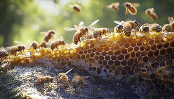 Discover the mesmerizing world of bees with this stunning close-up image of a honey comb teeming with activity, showcasing the intricate structures and vital roles of these incredible insects in photo