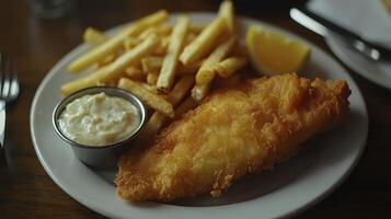 Discover the quintessential British comfort food crispy golden fish and chips Enjoy a delicious plate of battered fish fillets, perfectly fried to a golden crisp, served with thick-cut chips and photo