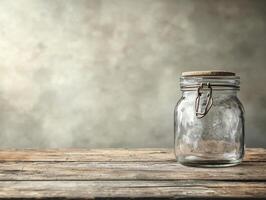 Empty Glass Jar on Rustic Wooden Tabletop A minimalist still life photograph showcasing an empty glass jar with a secure clasp and cork lid, set against a textured grey background Perfect for photo