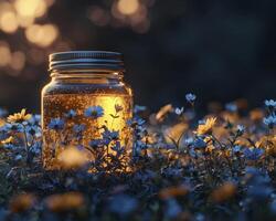 Experience the enchanting allure of a luminous jar nestled amidst a vibrant field of wildflowers, bathed in the soft, golden glow of twilight, an image that evokes tranquility and wonder, perfect for photo