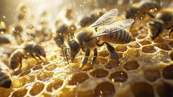 Explore the captivating world of honeybees through this high-resolution image, showcasing their intricate roles in pollination and honey production within the hive Witness the delicate dance of these photo