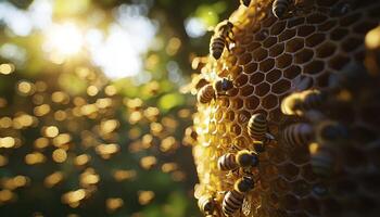 Explore the intricate world of honeybees with this captivating image showcasing their meticulous honeycomb construction under the golden sunlight Witness the beauty and complexity of bee society as photo