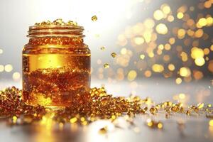 Golden Elixir A Captivating Close-Up of a Jar Filled with Glistening, Amber-Colored Liquid, Surrounded by a Cascade of Golden Beads, Evoking a Sense of Luxury, Magic, and Timeless Beauty The Soft photo