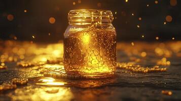 Golden Elixir A Captivating Image of Liquid Gold Flowing from an Ornate Glass Jar, Perfect for Illustrating Concepts of Wealth, Luxury, and Abundance Ideal for Use in Financial, Business, and photo
