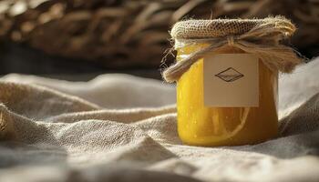 Golden Ghee in Glass Jar A Culinary Elixir of Health and Flavor Discover the richness of clarified butter, a traditional ingredient perfect for cooking, baking, and wellness Explore its nutritional photo