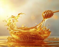Golden Honey Delight A Captivating Close-Up of Flowing Honey, Featuring a Wooden Honey Dipper and a Glass Bowl, Bathed in Warm Sunlight Capturing the Sweetness and Natural Beauty of This Delicious photo