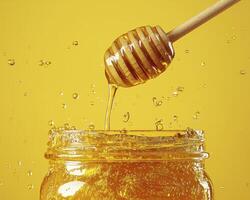 Golden Honey Drip Capturing the Sweet Essence of Nature's Elixir Experience the luscious flow of pure, natural honey cascading from a wooden dipper into a glass jar, a visual feast showcasing its photo