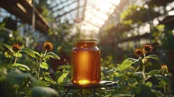 Golden Honey in a Glass Jar A Natural Elixir Captured in a Greenhouse Setting, Showcasing the Sweetness of Nature's Bounty Observe the Golden Sunlight illuminating the Amber Liquid, Reflecting its photo