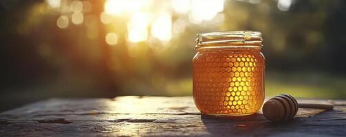 Golden Honey in Glass Jar on Rustic Wooden Table Capturing the Sweetness of Nature's Harvest, a Honeycomb Elixir of Pure Delight, Perfect for Healthy Breakfasts and Natural Remedies, Showcase its photo