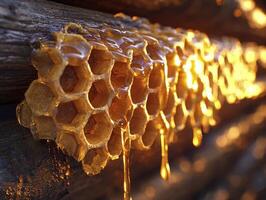 Golden Honeycomb Close-Up A Macro View of Natural Sweetness Explore the intricate hexagonal patterns and glistening honey dripping from this beautiful beeswax structure Perfect for illustrating photo