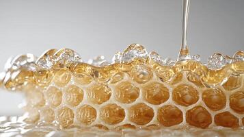 Golden Honeycomb Close-Up A Sweet and Natural Delight Capturing the Intricate Details of Bees' Hard Work, Showcasing the Beauty of Nature's Design with Dripping Honey and Hexagonal Cells Emphasizing photo