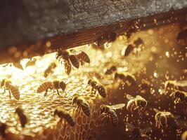 Golden Honeycomb Close-Up A captivating view into the bustling world of honeybees, showcasing their intricate dance of creation amidst the golden nectar and hexagonal architecture Witness the photo
