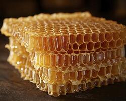 Golden Honeycomb Delight A Captivating Close-Up of Nature's Sweet Treasure Explore the intricate patterns and rich, amber hues of freshly harvested honeycomb, a testament to the remarkable work of photo