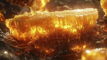 Golden Honeycomb Delight A Close-Up Captivating Image Showcasing the Natural Sweetness and Intricate Structure of Honeycomb, Its Translucent Cells Overflowing with Pure, Viscous Honey, Perfect for photo