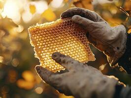 Golden Honeycomb Delight A Close-Up Capturing the Sweetness of Nature's Harvest Witness the intricate beauty of hexagonal cells filled with golden nectar, held gently in gloved hands, bathed in the photo