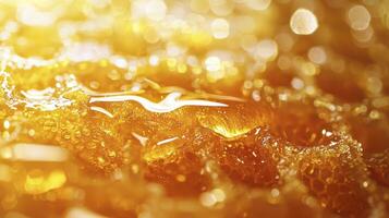 Golden Honeycomb Delight A Close-Up Glimpse into Nature's Sweet Nectar, Showcasing the Intricate Details and Rich Textures of Fresh Honey Witness the Translucent Amber Liquid, Reflecting Light and photo