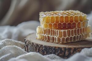 Golden Honeycomb Delight A Close-Up of Nature's Sweetness and Natural Goodness with Freshly Harvested Honey from Local Bees, Showing the Beautiful Wax Cells of the Honeycomb, Perfect for Healthy photo