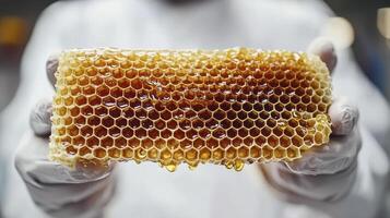 Golden Honeycomb Delight A Close-Up View of Nature's Sweetest Creation, Held by Gloved Hands, Showcasing the Intricate Hexagonal Cells Filled with Rich, Amber Honey, Evoking Images of Bees, Apiaries photo