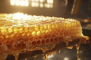 Golden Honeycomb Delight A Close-Up View of Nature's Sweetness and Elixir, Featuring Dripping Honey and Intricate Hexagonal Cells, Perfect for Food Blogs and Health Related Topics, Showcasing The photo