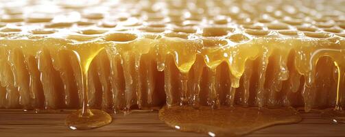 Golden Honeycomb Delight A Close-Up View of Nature's Sweetness, Showcasing the Intricate Structure and Dripping Honey Discover the Beauty and Detail of Honey in its Most Natural Form This image photo
