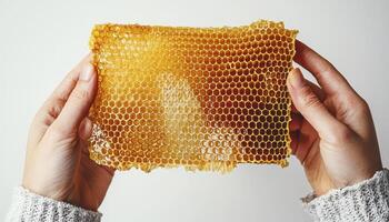 Golden Honeycomb Delight A Natural Sweet Treat Displayed in Delicate Hands, Capturing the Essence of Pure Honey, Emphasizing its Organic Texture, its Hexagonal Cells Bursting with Nectar, Reflecting photo
