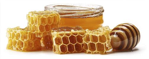 Golden Honeycomb Delight A Sweet Symphony of Nature's Goodness Showcasing a Glass Jar Filled with Pure, Raw Honey Next to Beautifully Crafted Honeycombs and a Wooden Honey Dipper, Emphasizing the photo