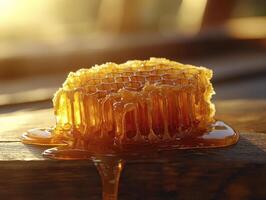 Golden Honeycomb Delight Captivating Image of Fresh, Natural Honey Dripping from a Honeycomb, Captured in Stunning Detail Explore the Sweetness and Beauty of Nature's Golden Elixir Ideal for Food photo