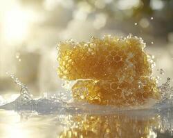 Golden Honeycomb Delight Capturing the Essence of Sweetness and Purity, a Natural Treasure Unveiled, a Stunning Macro Shot Showcasing the Intricate Details of Nature's Architecture, Sparkling Water photo