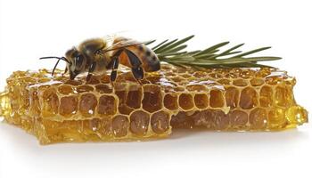 Golden Honeycomb Delights A Close-Up Look at Nature's Sweetest Creation, Showcasing the Intricate Cells Built by Bees, Filled with Pure, Delicious Honey, Featuring a Honeybee Gathering Nectar and photo