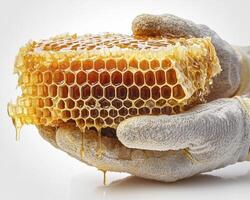 Golden honeycomb dripping with sweet nectar, a testament to nature's artistry and the diligent work of bees Capturing the essence of raw honey, this image showcases the intricate hexagonal cells photo
