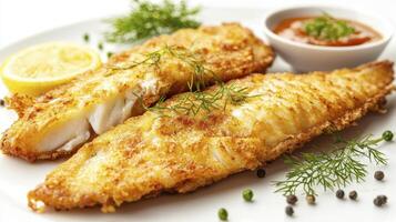 Indulge in crispy perfection with our delectable fried fish recipe, showcasing golden-brown fillets, fresh lemon slices, and a tangy dipping sauce Explore the culinary delight of perfectly cooked photo