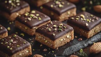 Indulge in Decadent Delights A Close-Up of Exquisite Chocolate Pistachio Squares, Featuring Rich Cocoa Glaze and Finely Chopped Nuts, Perfect for Food Blogs, Culinary Websites, and Dessert photo