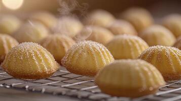 Indulge in the delightful aroma of freshly baked madeleines, golden brown and dusted with powdered sugar, cooling on a wire rack a quintessential French pastry, perfect for afternoon tea or a sweet photo