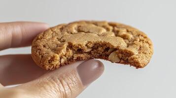 Indulge in the Irresistible Delight of a Freshly Baked Peanut Butter Cookie A Close-Up View Showcasing the Crumbly Texture, Chewy Interior, and Tempting Bite Mark, Perfect for Baking Enthusiasts photo