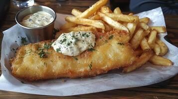 Indulge in the quintessential British classic with this captivating image of golden, crispy fish and chips, a culinary delight that tantalizes the taste buds and evokes memories of cozy pubs and photo