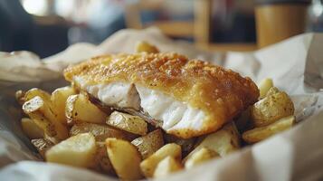 Indulge in the quintessential British classic with this captivating image showcasing perfectly golden-fried fish nestled among a generous portion of crispy, golden-brown chips Experience the photo