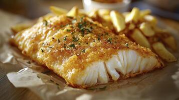 Indulge in the quintessential British culinary delight with this stunning image showcasing golden-brown fish and crispy chips, a true comfort food classic that captures the essence of seaside dining photo