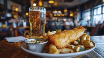 Indulge in the quintessential British experience a plate of golden, crispy fish and chips paired with a refreshing pint of beer at a cozy pub This traditional meal, a staple of UK cuisine, offers a photo