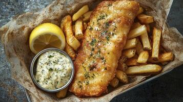 Indulge in the quintessential British classic with this mouthwatering image showcasing golden-brown fried fish and crispy chips served on parchment paper, accompanied by a tangy tartar sauce and a photo